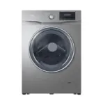 Silver front loading washing machine with a large circular door and digital control panel on top