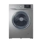 Silver front loading washing machine with a large circular door and digital control panel on top
