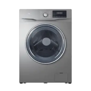 Silver front loading washing machine with a large circular door and digital control panel on top