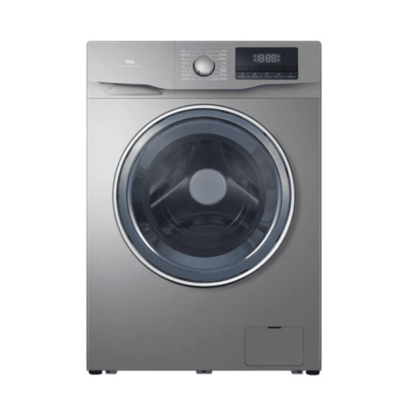 Silver front-loading washing machine with a large circular door and digital control panel on top.