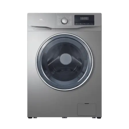 Silver front-loading washing machine with a large circular door and digital control panel on top.