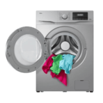 Front loading washing machine with colorful clothes tumbling out of the drum through an open door