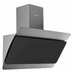 Modern stainless steel wall mounted range hood with an angled black glass canopy above a cooking area