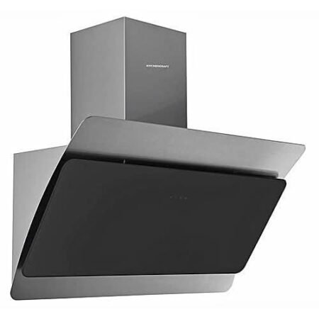 Modern stainless steel wall mounted range hood with an angled black glass canopy above a cooking area