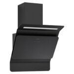 Black wall mounted range hood with an angled canopy and built in LED light