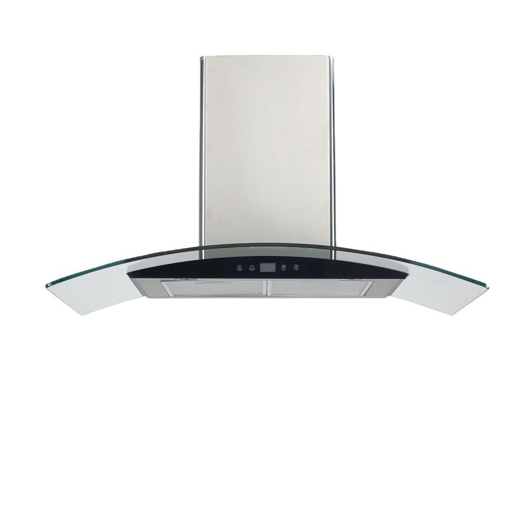 Modern stainless steel and glass ceiling range hood with a curved glass canopy and control panel along the front edge viewed from below