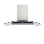 Modern stainless steel and glass ceiling range hood with a curved glass canopy and control panel along the front edge viewed from below