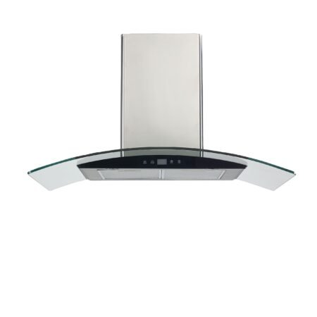 Modern stainless steel and glass ceiling range hood with a curved glass canopy and control panel along the front edge viewed from below