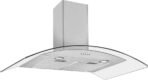 Curved glass kitchen range hood mounted on a wall with a stainless steel chimney and built in lights