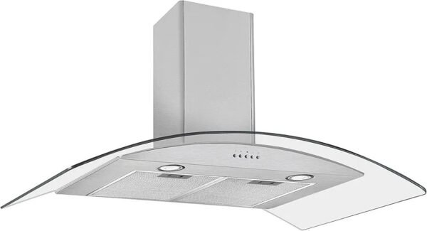 Curved glass kitchen range hood mounted on a wall with a stainless steel chimney and built in lights