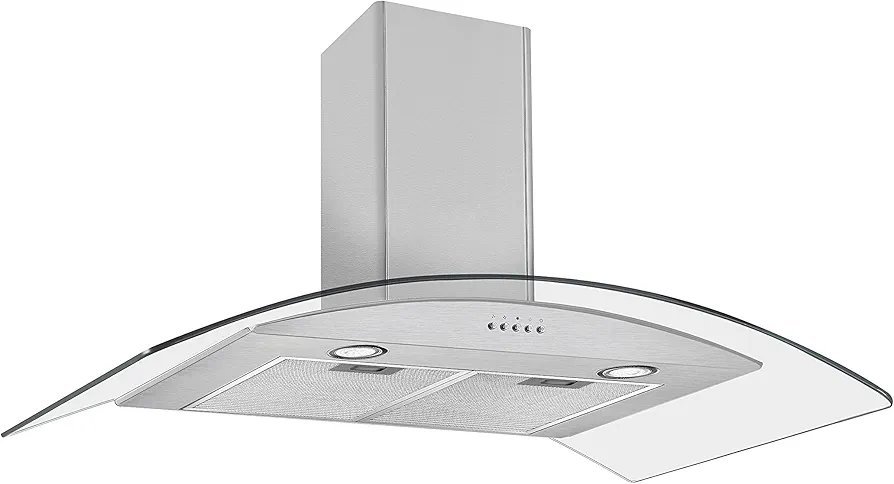 2026041009287478jpg | Mitos Shoppers Curved glass kitchen range hood mounted on a wall with a stainless steel chimney and built in lights