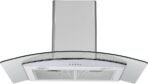 Curved glass and stainless steel range hood mounted on a wall with a control panel in the center