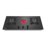 Black gas hob with two side burners and a central red lit burner three knobs in front