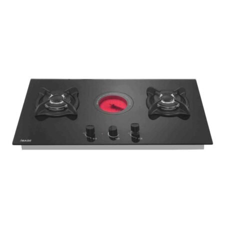 Black gas hob with two side burners and a central red-lit burner; three knobs in front.