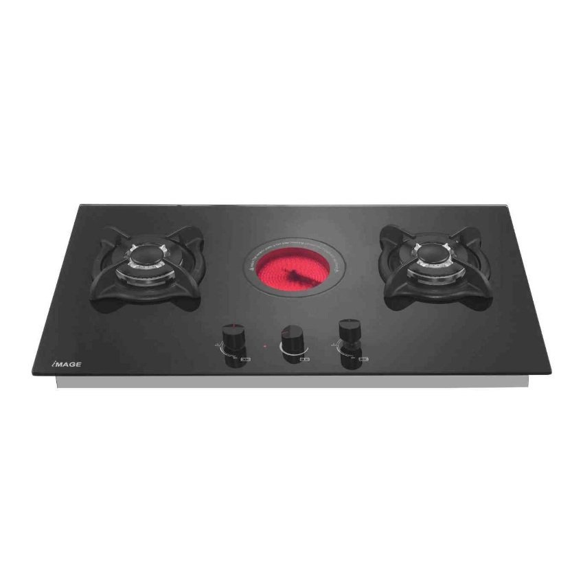 Black gas hob with two side burners and a central red lit burner three knobs in front