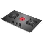 Two burner glass top gas stove with red lit center burner and front control knobs