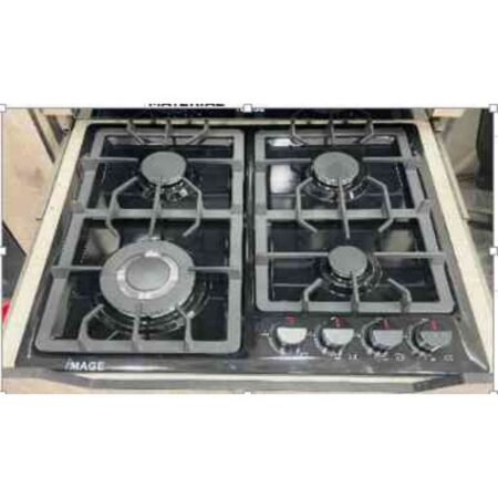 Four burner gas stove top with a black glass surface and metal grates control knobs at the front brand name MAGE visible on the lower left