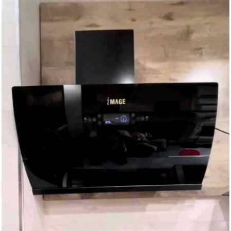 Glossy black wall-mounted kitchen range hood with a digital control panel and curved front panel.