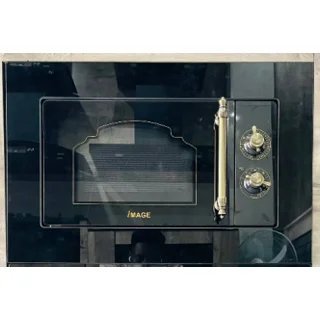 Black built-in oven with glass door, vertical metal handle on the right, and two control knobs beside a small timer dial.