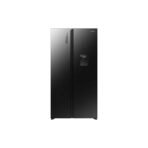 Side by side black refrigerator with a water dispenser on the right door