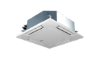Ceiling mounted four way cassette air conditioner with a white grille and metal housing