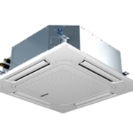 Ceiling mounted four way cassette air conditioner with a white grille and metal housing