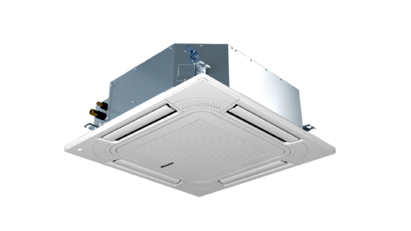 Ceiling mounted four way cassette air conditioner with a white grille and metal housing