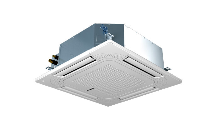 Ceiling mounted four way cassette air conditioner with a white grille and metal housing