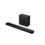 Black rectangular speaker with a circular driver beside a long slim soundbar on a white background