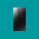 Black stainless steel side by side refrigerator with a waterice dispenser on the right door against a teal background