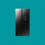 Black stainless steel side by side refrigerator with a waterice dispenser on the right door against a teal background