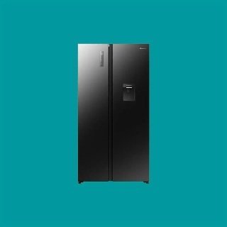 Black stainless steel, side-by-side refrigerator with a water/ice dispenser on the right door against a teal background.
