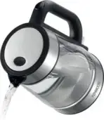 Kenwood cordless electric kettle pouring water from its spout with a stainless steel body and black handle