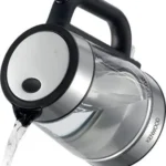 Kenwood cordless electric kettle pouring water from its spout with a stainless steel body and black handle