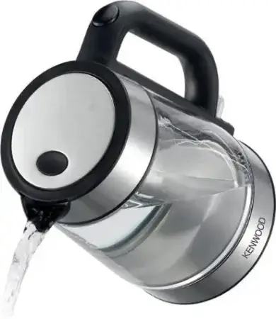 Kenwood cordless electric kettle pouring water from its spout, with a stainless steel body and black handle.