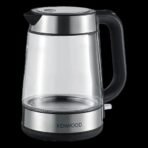 Kenwood glass electric kettle with a black handle and stainless lid empty on a base against a black background