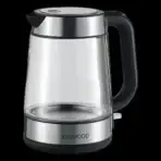Kenwood glass electric kettle with a black handle and stainless lid empty on a base against a black background