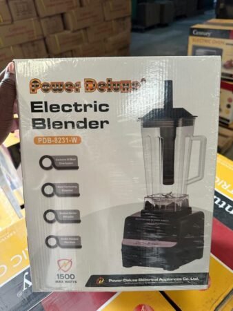 Power Deluxe Electric Blender box featuring a tall blender image and model PDB 8231 W in a store setting
