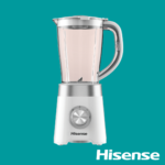 White Hisense blender with a glass pitcher filled with pink smoothie on a teal background brand name visible at the base