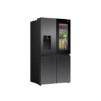 Black side by side refrigerator with bottom freezer drawers and a glass door fridge section showing bottled drinks