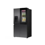 Black modern 4 door French door refrigerator with bottom freezer drawers and built in water dispenser on the left door