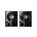 Pair of black desktop speakers with circular drivers and red rings shown side by side