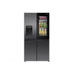 Four door Frenchdoor refrigerator with bottom drawers left side has water dispenser right side glass door shows beverages on shelves