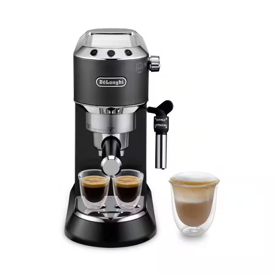 DeLonghi espresso machine with two small glass cups of espresso and a latte glass beside it on a white background