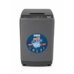 Gray top load washing machine with a circular blue Power Clean sticker on the front