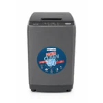 Gray top load washing machine with a circular blue Power Clean sticker on the front