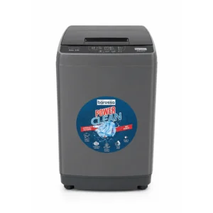 Gray top load washing machine with a circular blue Power Clean sticker on the front