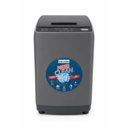 Gray top load washing machine with a circular blue Power Clean sticker on the front