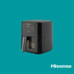 Black air fryer with a digital control panel on a teal background Hisense branding visible in the corner