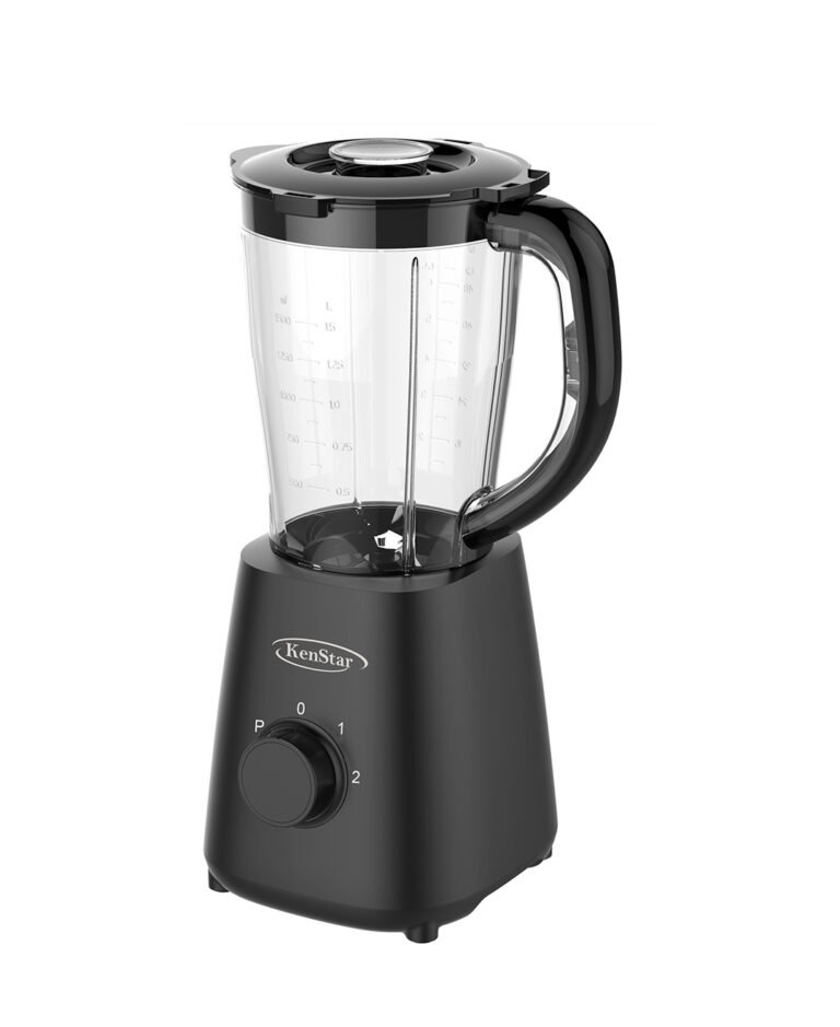 KenStar blender with black base and clear pitcher on a white background